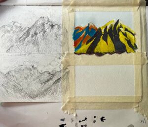 Skizzen und Farbtests zu einer abstrakten Berglandschaft